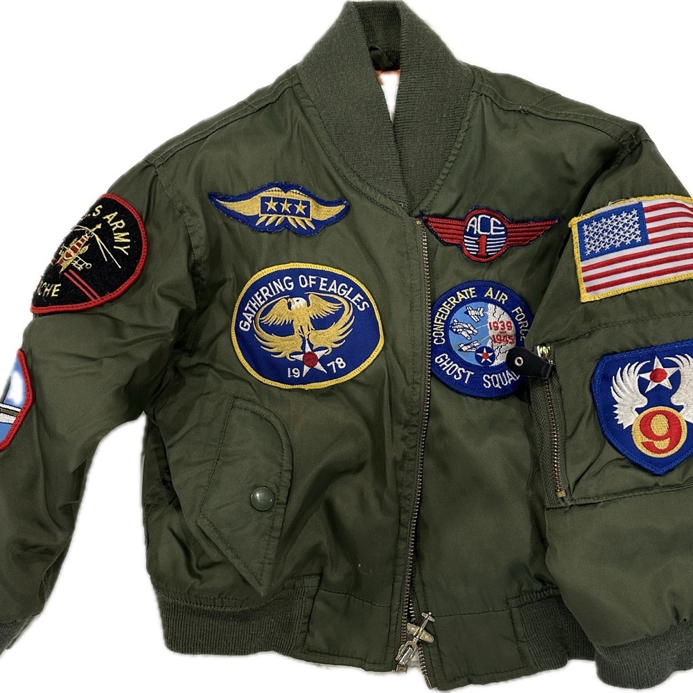 Kids Army Green Bomber Jacket with Patches